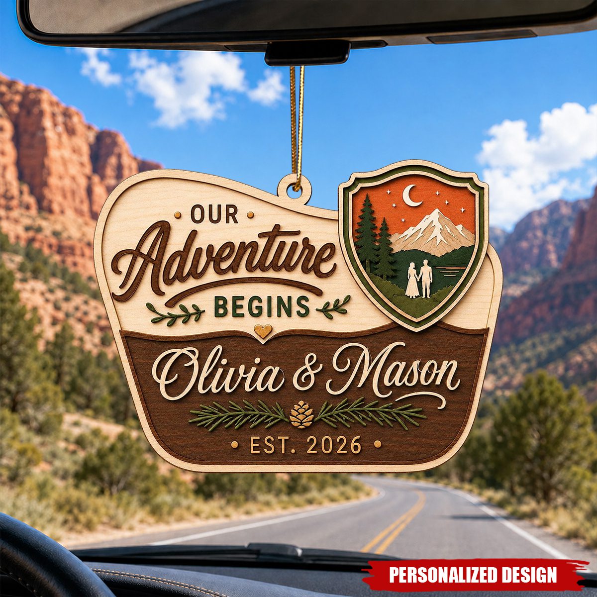 Personalized Wood Couple Ornament, Our Adventure Begins Mountain Christmas Keepsake