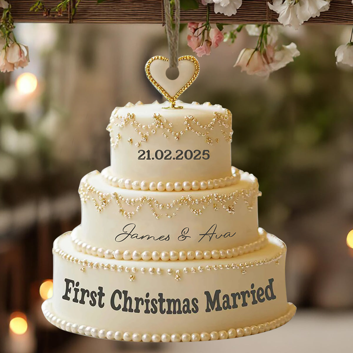 Wedding Cake Personalized Ornament, First Christmas Married Gift