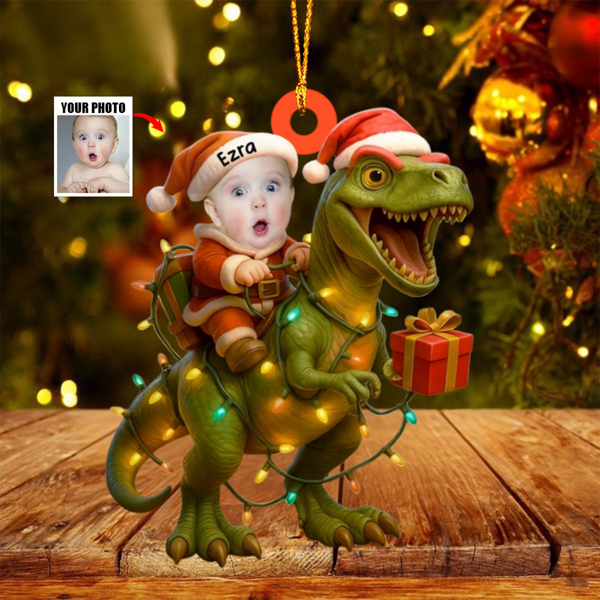 Baby's Christmas - Custom Baby Photo Dinosaur Ornament