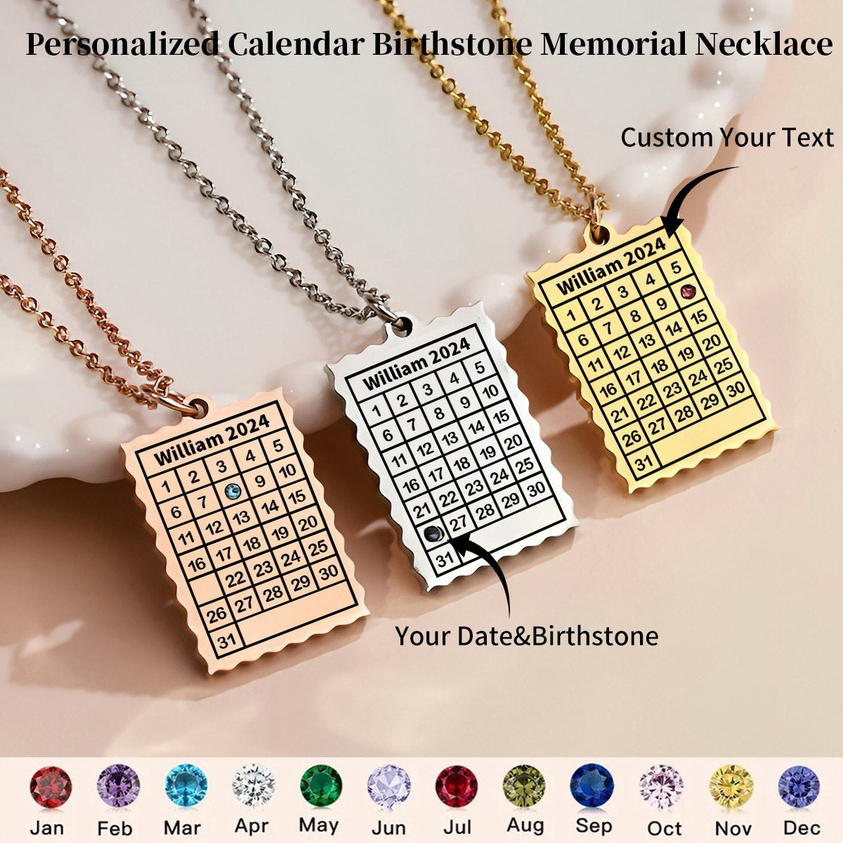 Personalized Birthstone Name Memorial Calendar Necklace
