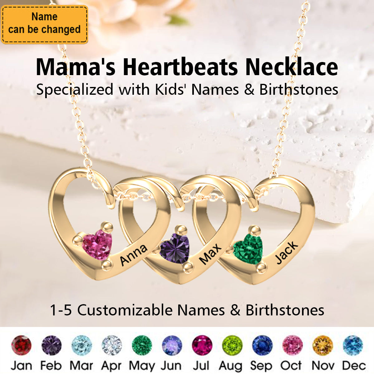 Personalized Mom Heart-shaped Birthstone Pendant Necklace Engraved Names