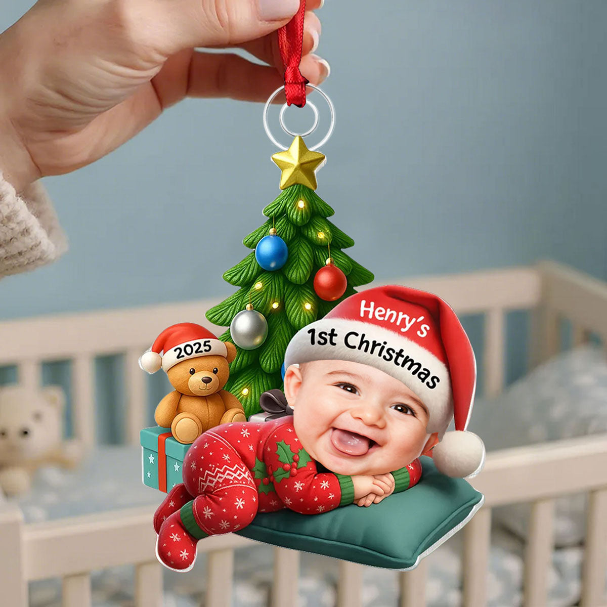 Sleeping Baby In Christmas Pajama - Custom Photo Acrylic Ornament