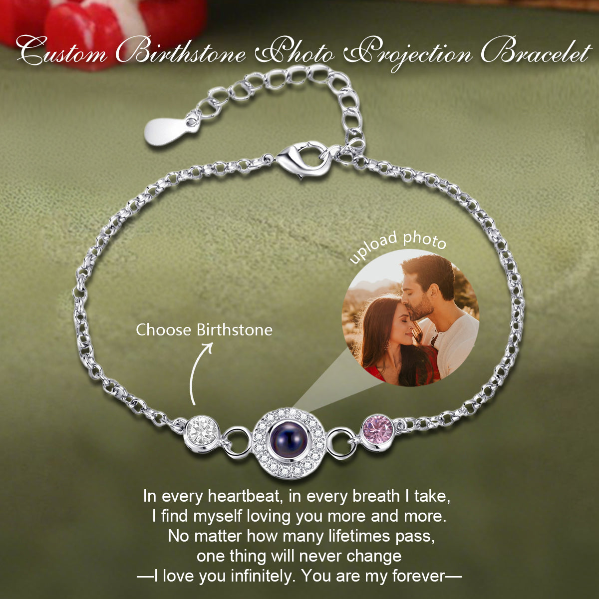 Customized Birthstone Photo Projection Bracelet, Gift for Your Loved One