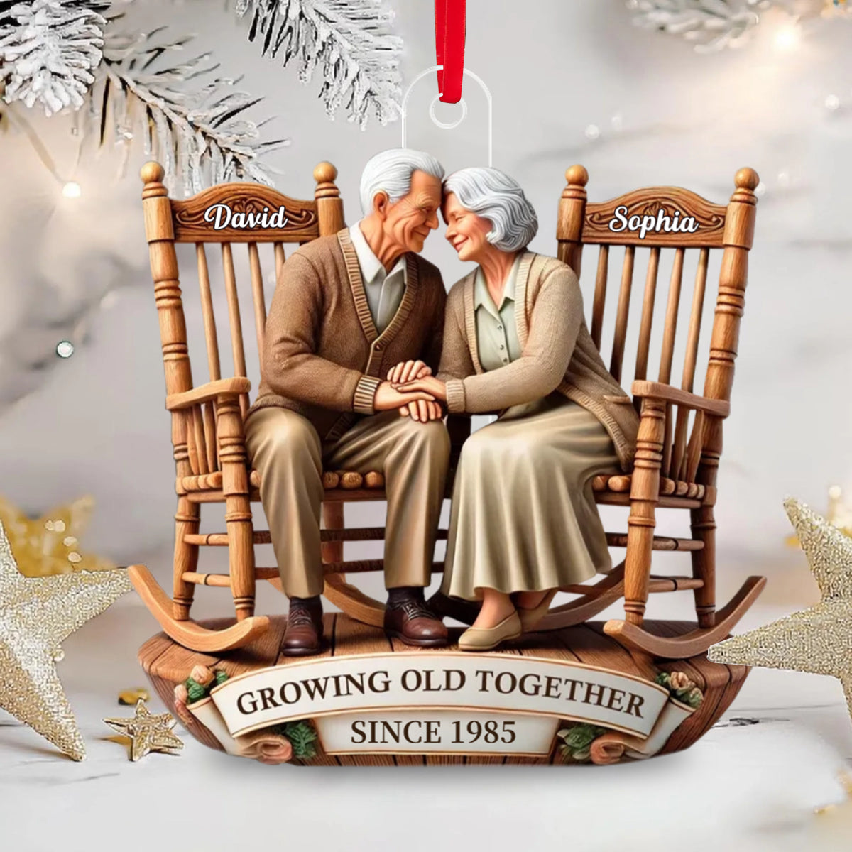 3D Effect Old Couple Sitting On Rocking Chairs Together Personalized Acrylic Ornament