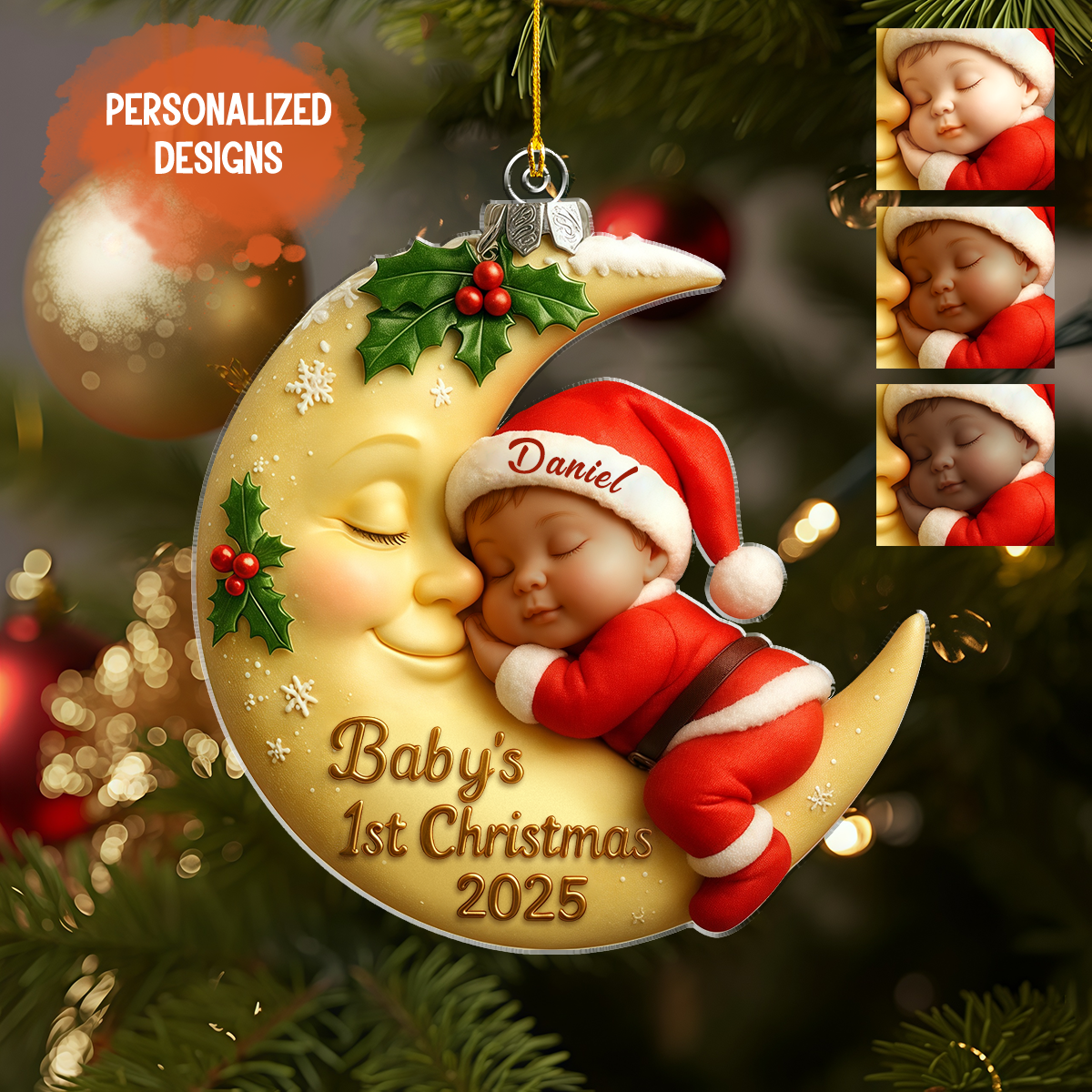 Personalized First Christmas Baby On Moon 3D Effect Acrylic Ornament