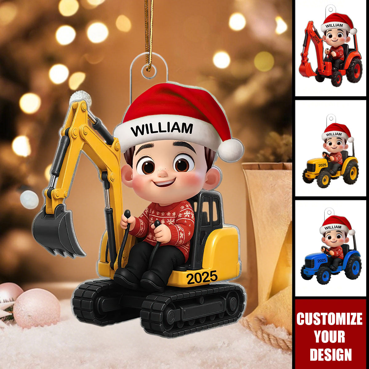 3D Effect Little Boy Kid With Construction Vehicle Christmas Personalized Acrylic Ornament