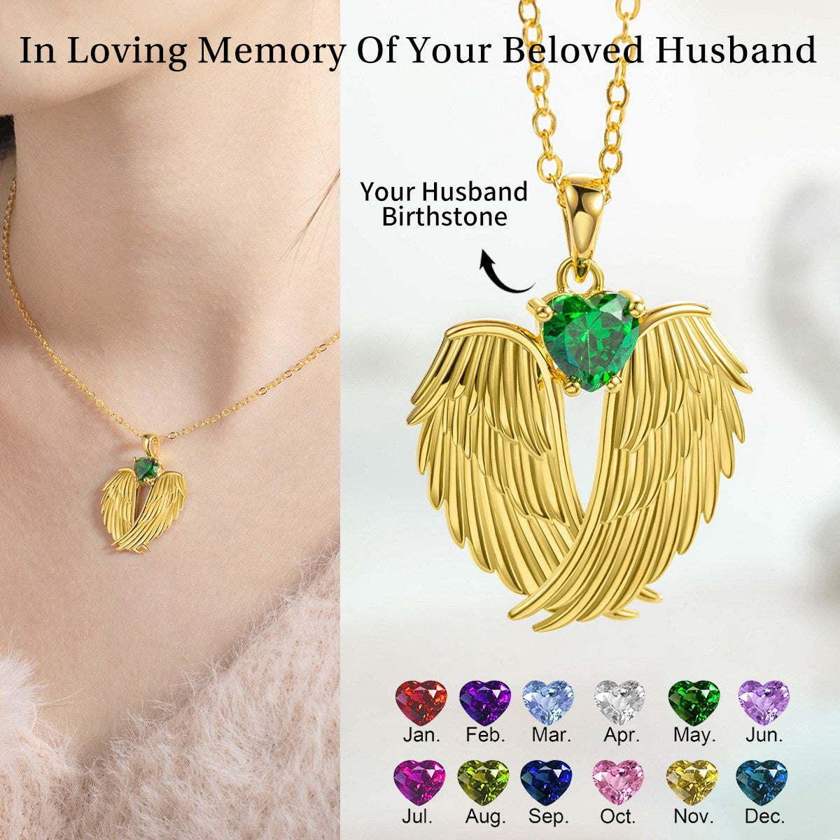 Personalized Angel Wings With Birthstone Memorial Necklace
