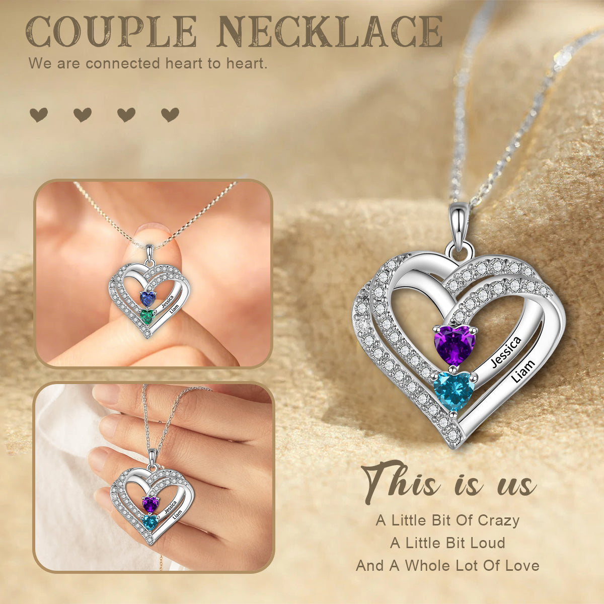 Personalized Heart Name Birthstone Couple Necklace