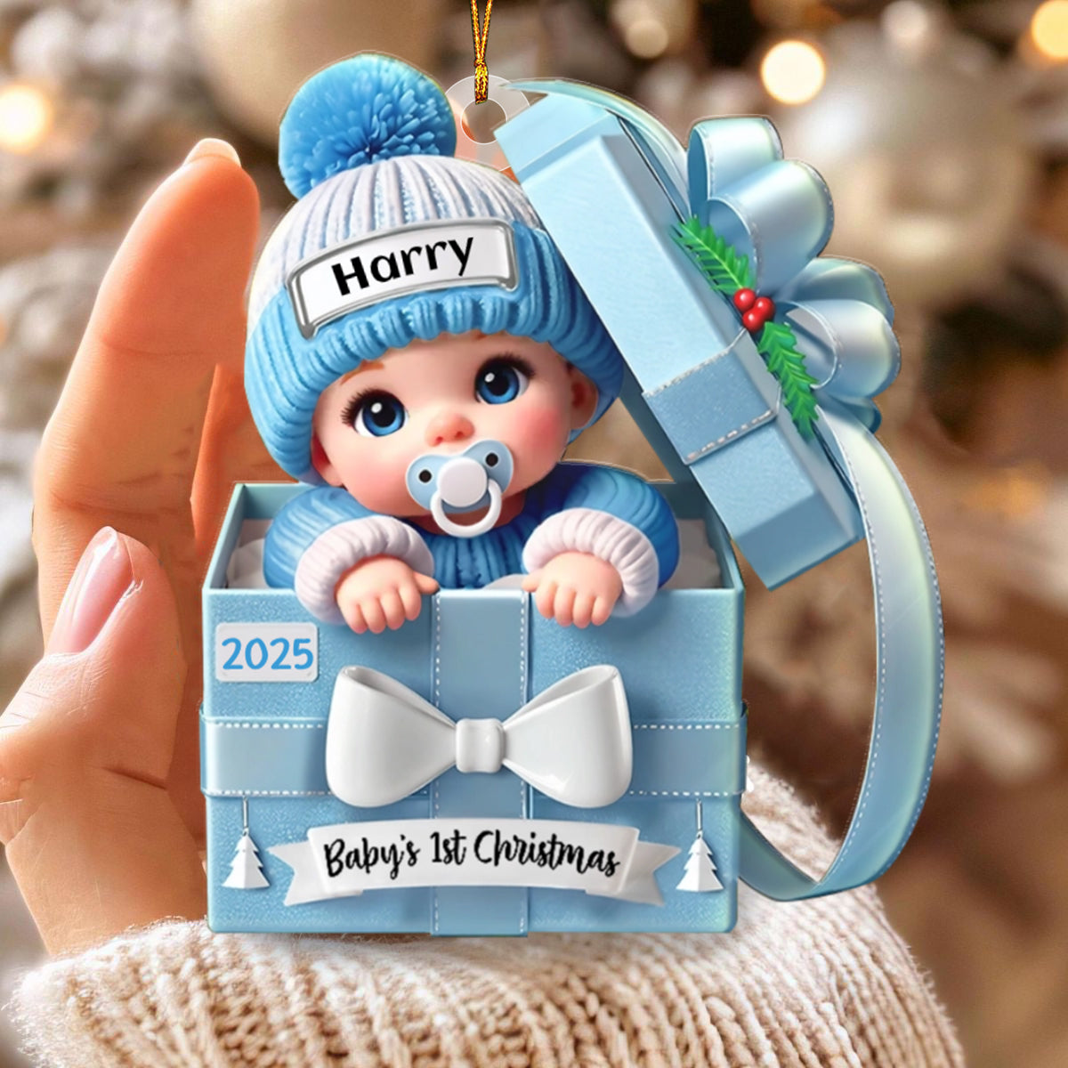 Baby First Christmas, Baby Reveals, Gift Box - Personalized Shaped Acrylic Ornament