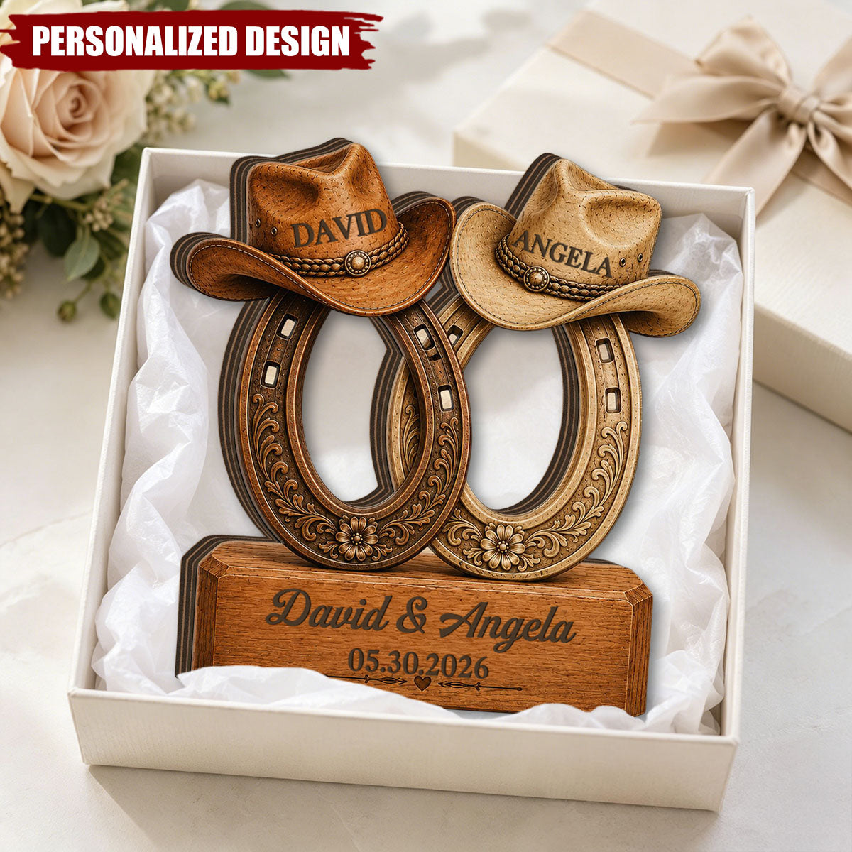 Personalized Horseshoe Cowboy Hat Wooden Plaque - Western Couple Decor