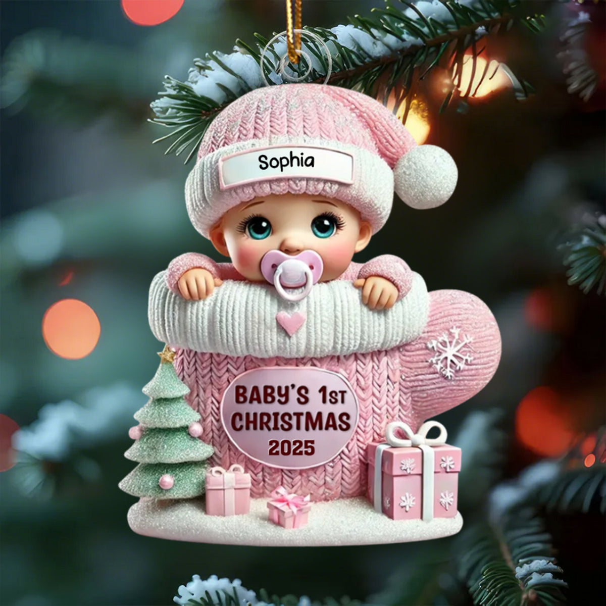 Baby In Mitten 3D Effect Baby's First Christmas Personalized Acrylic Ornament