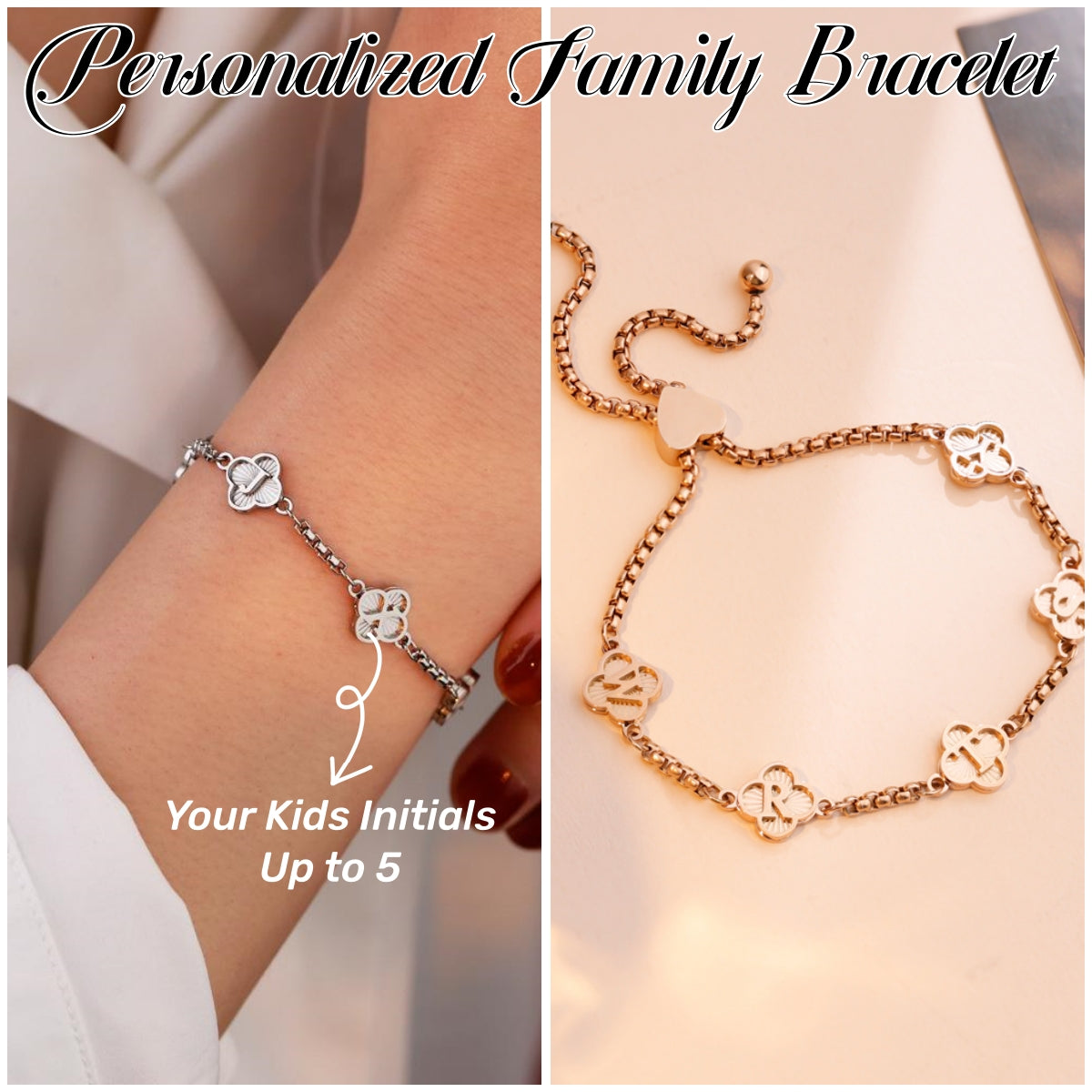 Personalized Family Clover Custom Initial Bracelet - Gift For Grandma/Mom