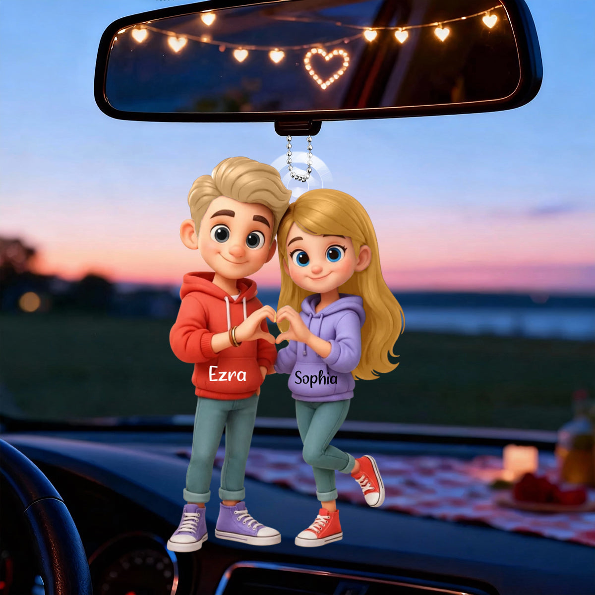 Cute Cartoon Couple Heartfelt Moment - Personalized Acrylic Car Hanger