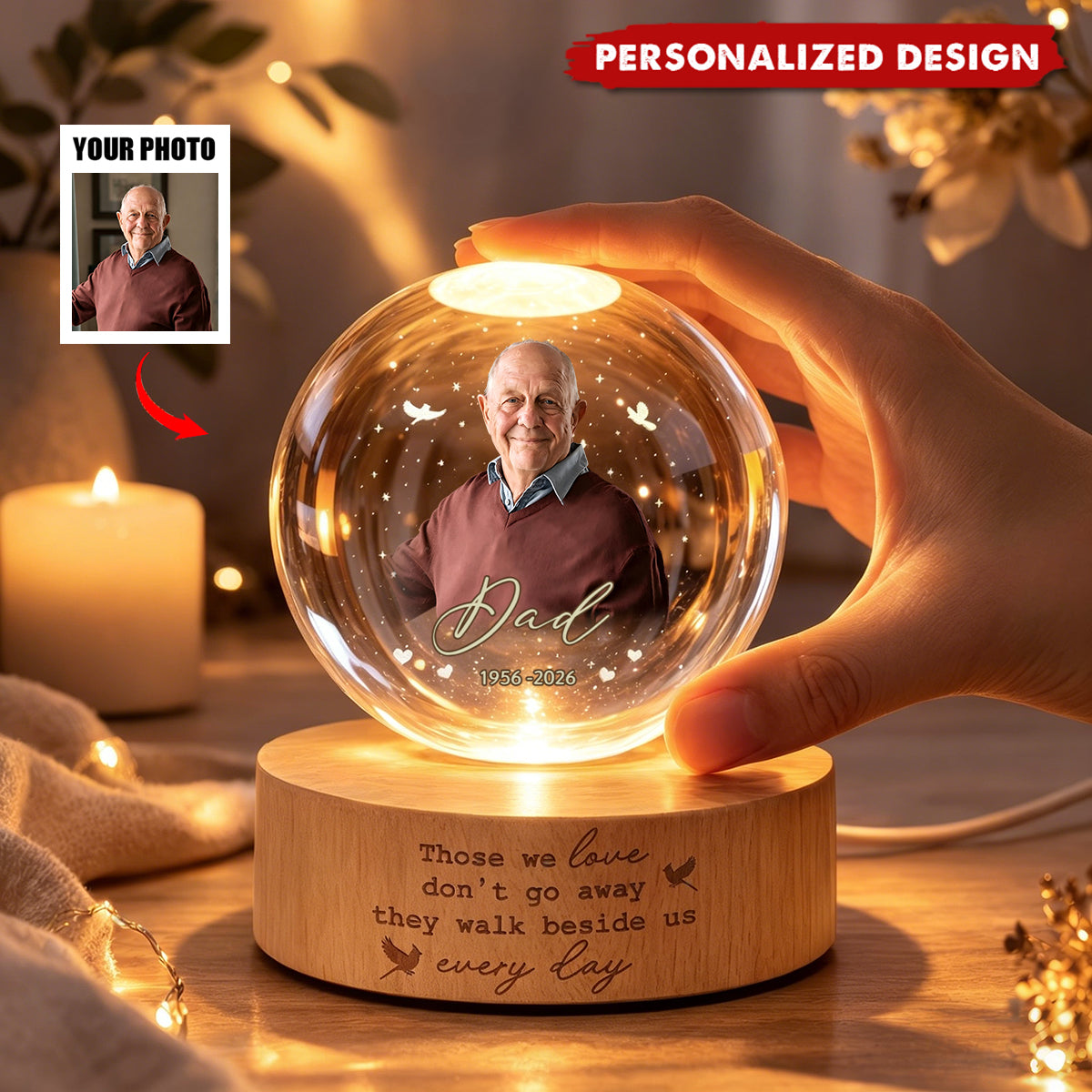 Custom Photo Memorial Crystal Ball Night Light, Loss of Dad, Mom, Family