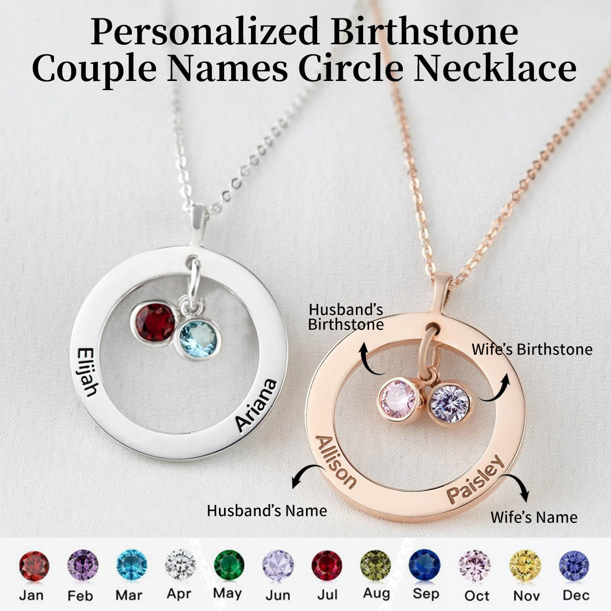 Personalized Birthstone Couple Names Circle Necklace