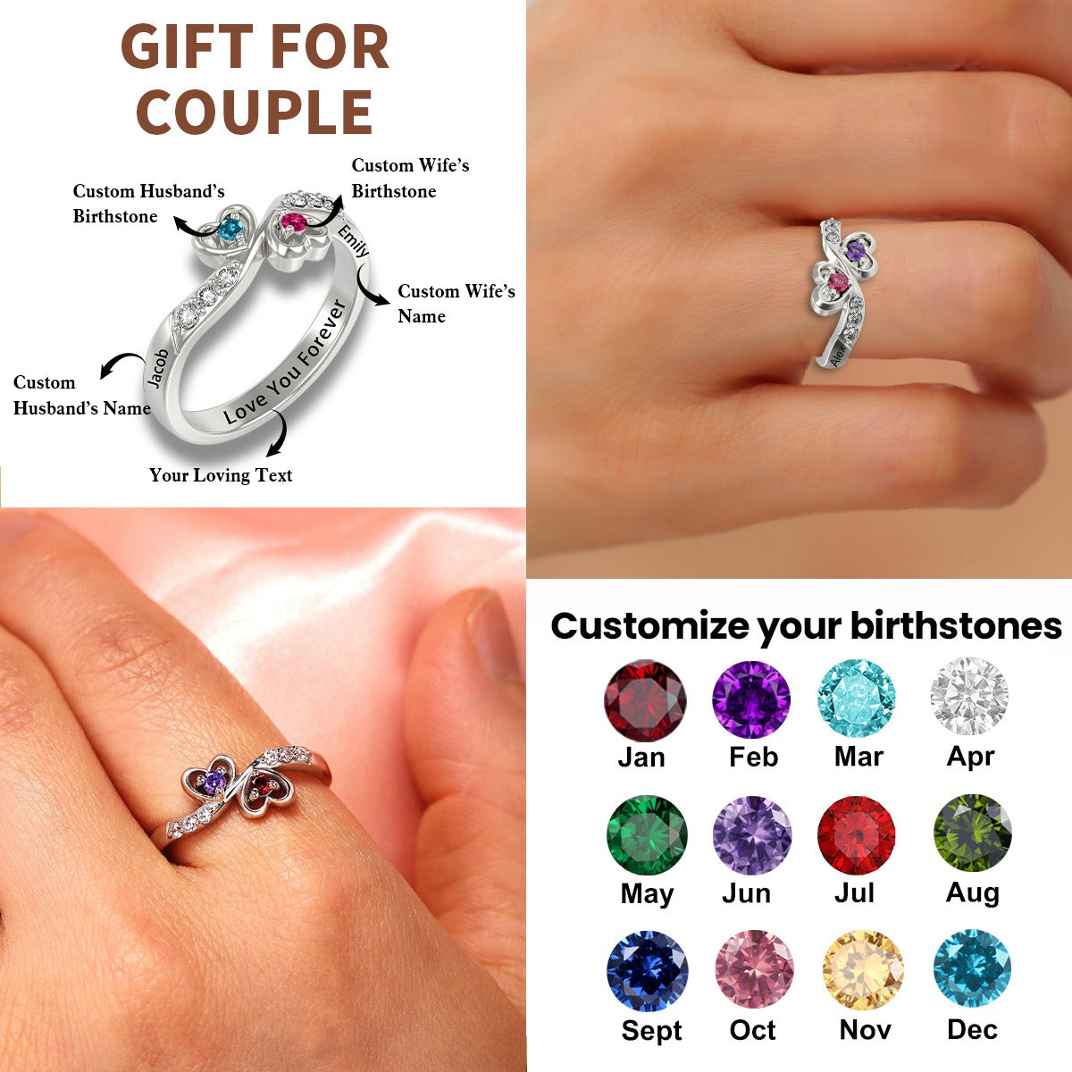 Personalized Couple Promise Heart Birthstones Ring