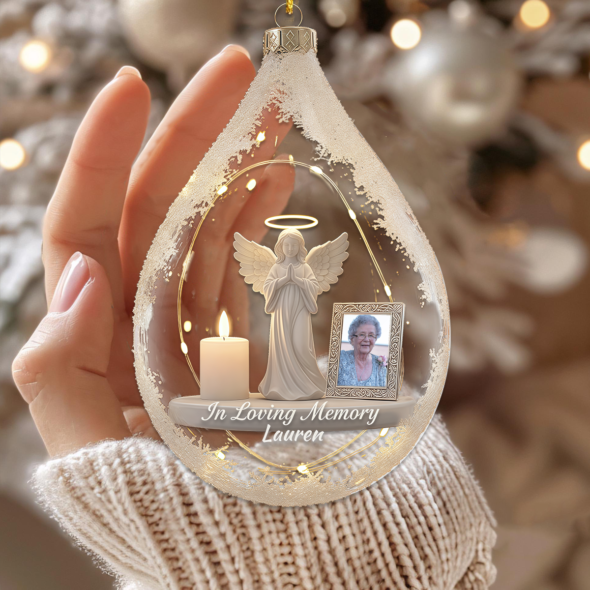 Personalized Memorial Ornament – Angel and Candle Christmas Tree Decor