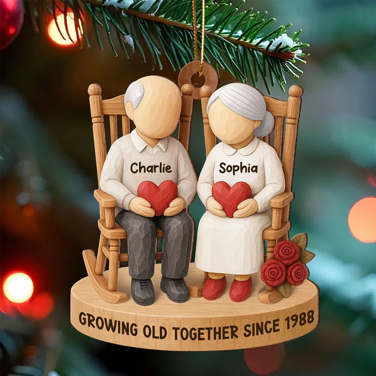 Old Couple Sitting On Chair-Personalized Wooden Ornament, Christmas Gift For Him Or Her