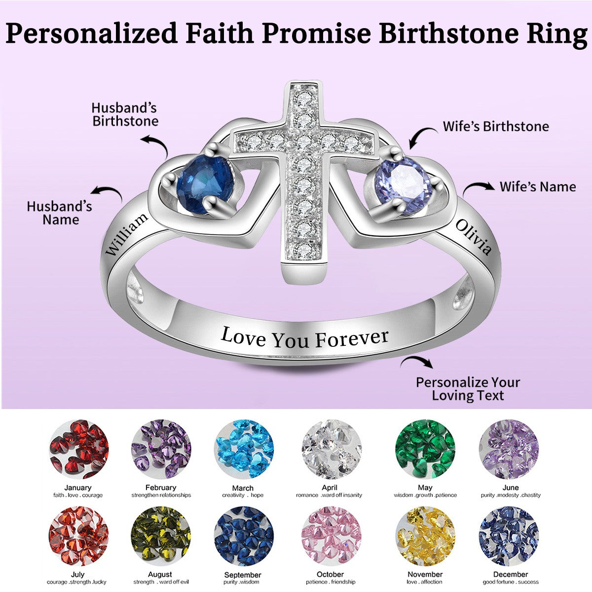 Personalized Name Faith Birthstone Promise Cross Ring