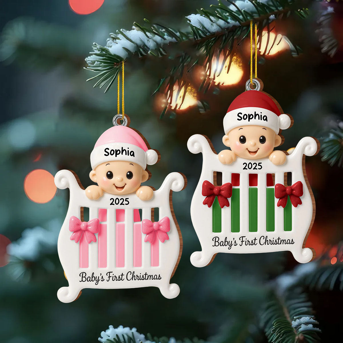 Baby's First Christmas With Crib and Bows, Custom Wood Ornament