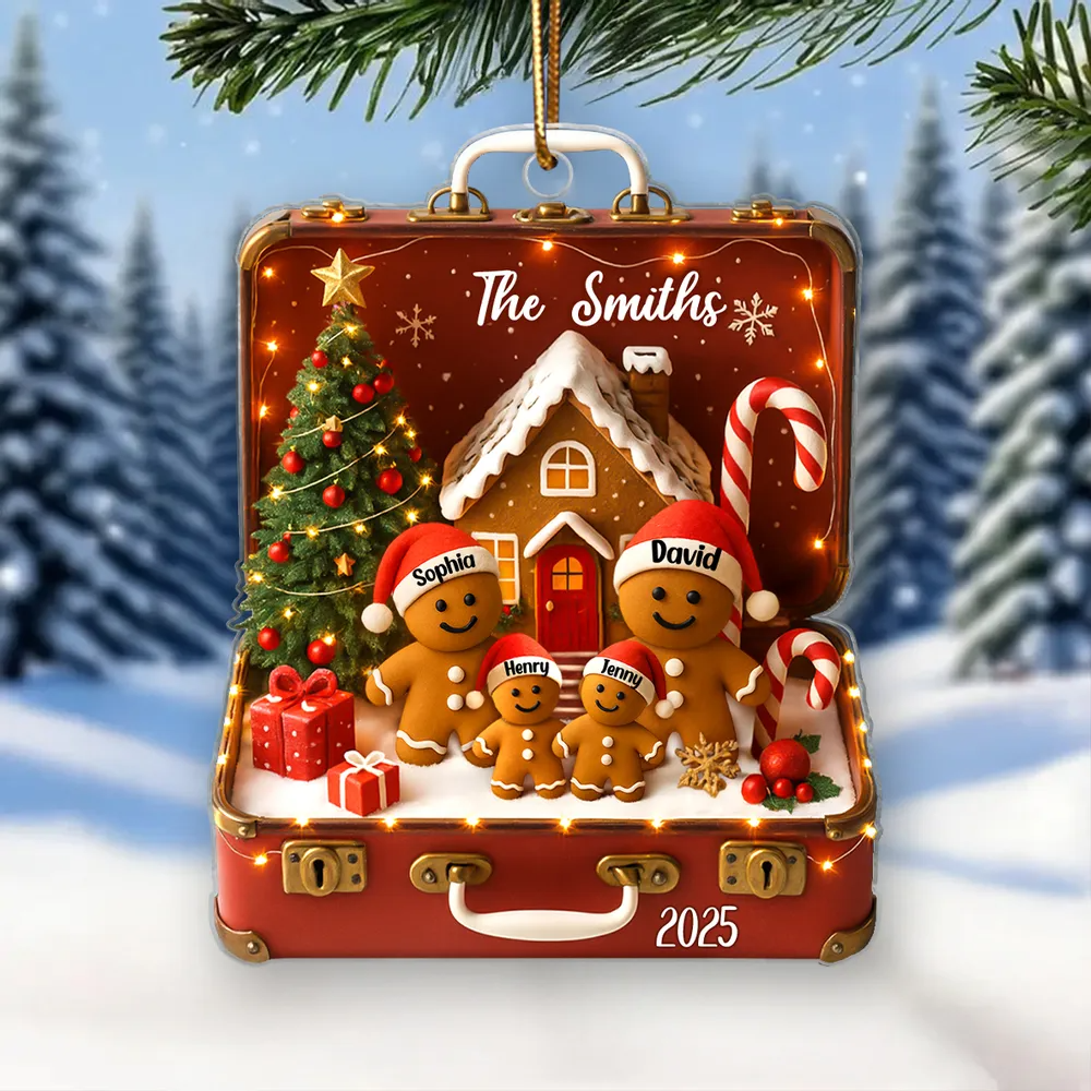 Gingerbread Family Vintage Suitcase Personalized Acrylic Ornament