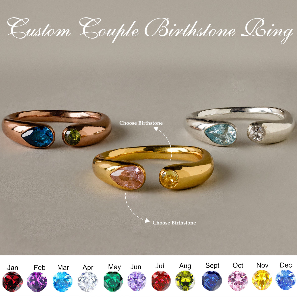 Duo Round & Pear Cut Birthstone Signet Couples Ring