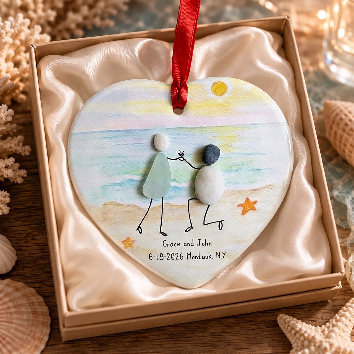 Personalized Sea Glass Pebble Engagement Glass Ornament, Newlyweds Gift