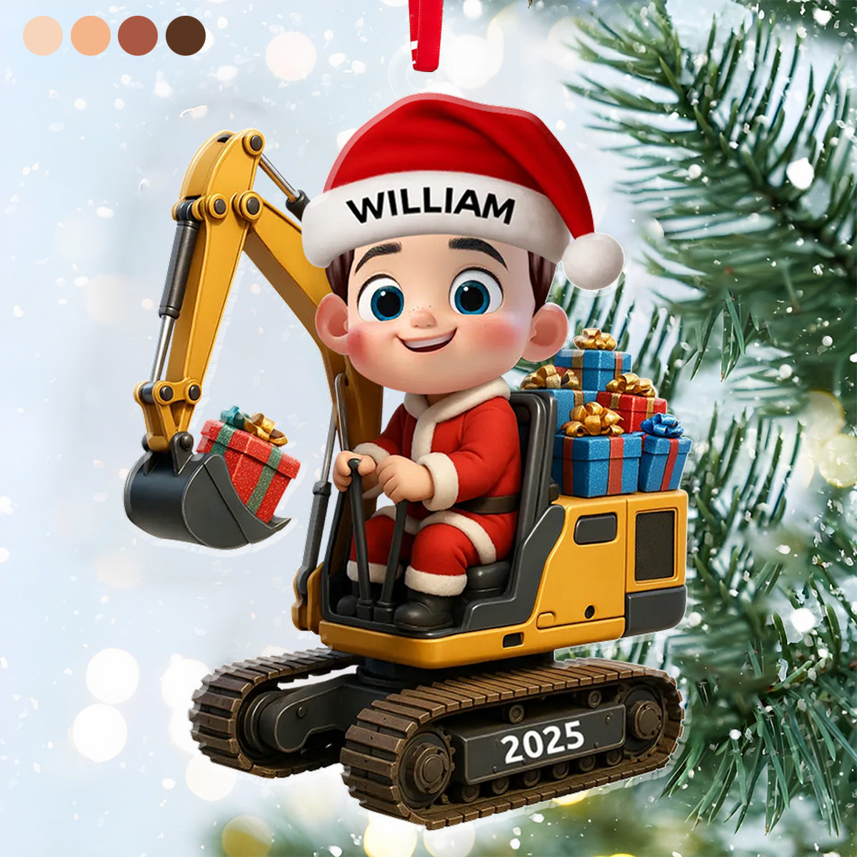 Cute Cartoon Kid With Christmas Excavator - Custom Acrylic Ornament