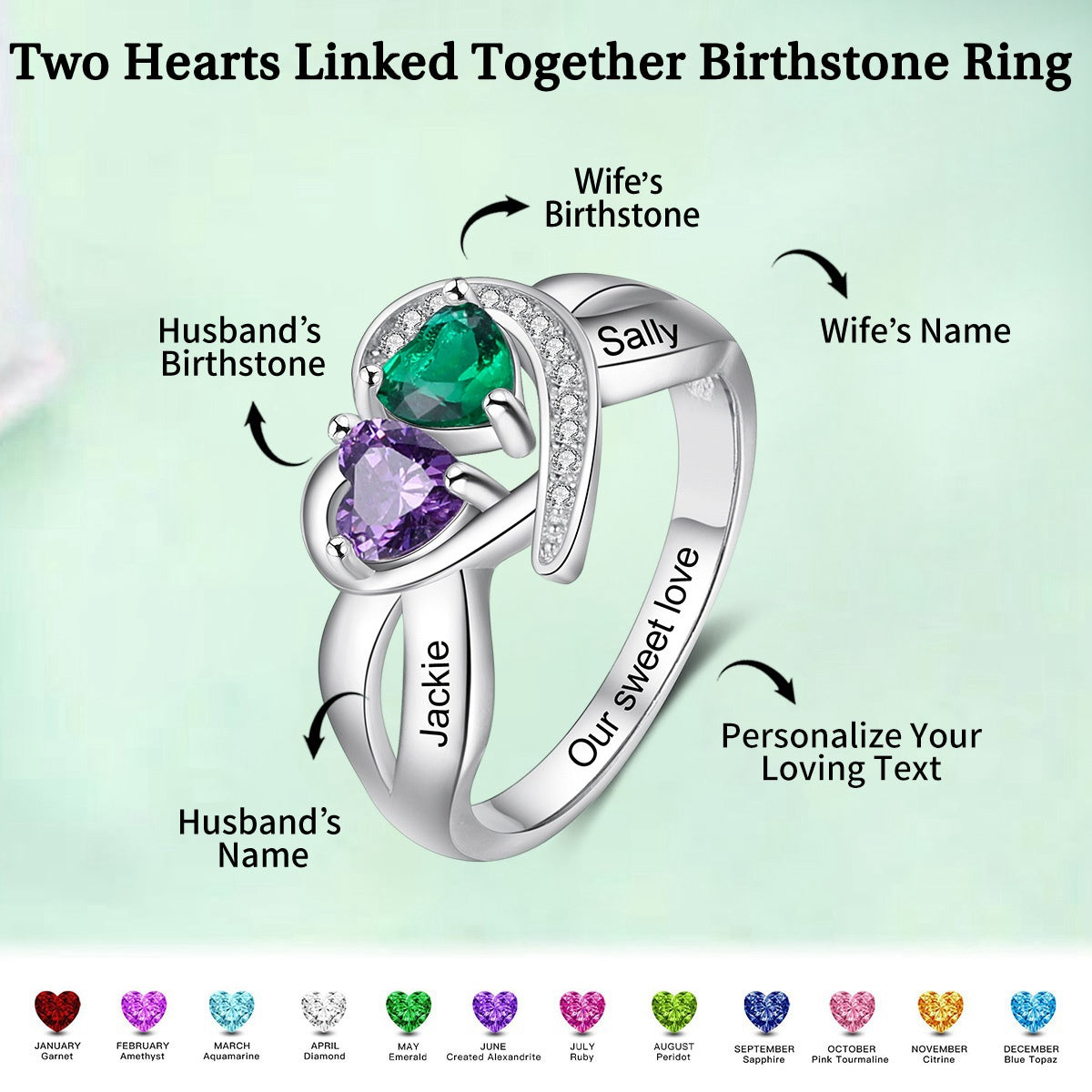 Personalized Two Hearts Linked Together Birthstone Ring