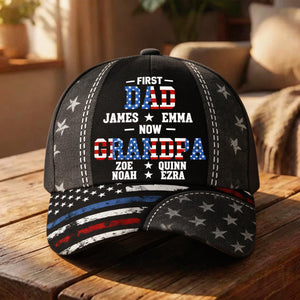 First Dad Now Papa American Flag Hat With Kids Names – Custom Family Baseball Cap