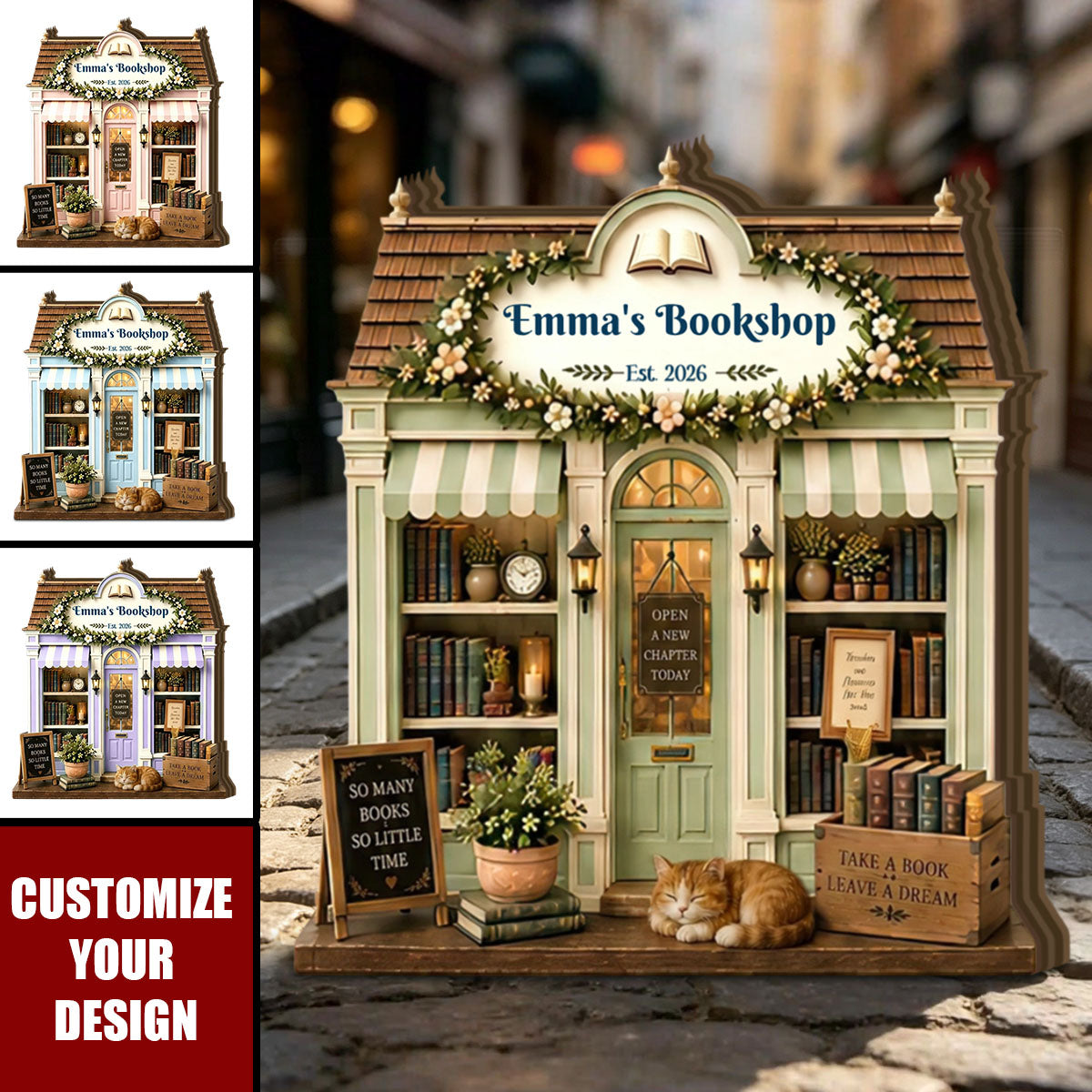 Personalized Bookshop Wooden Block, Cozy Bookstore Shelf Decoration, Book Lover Gift