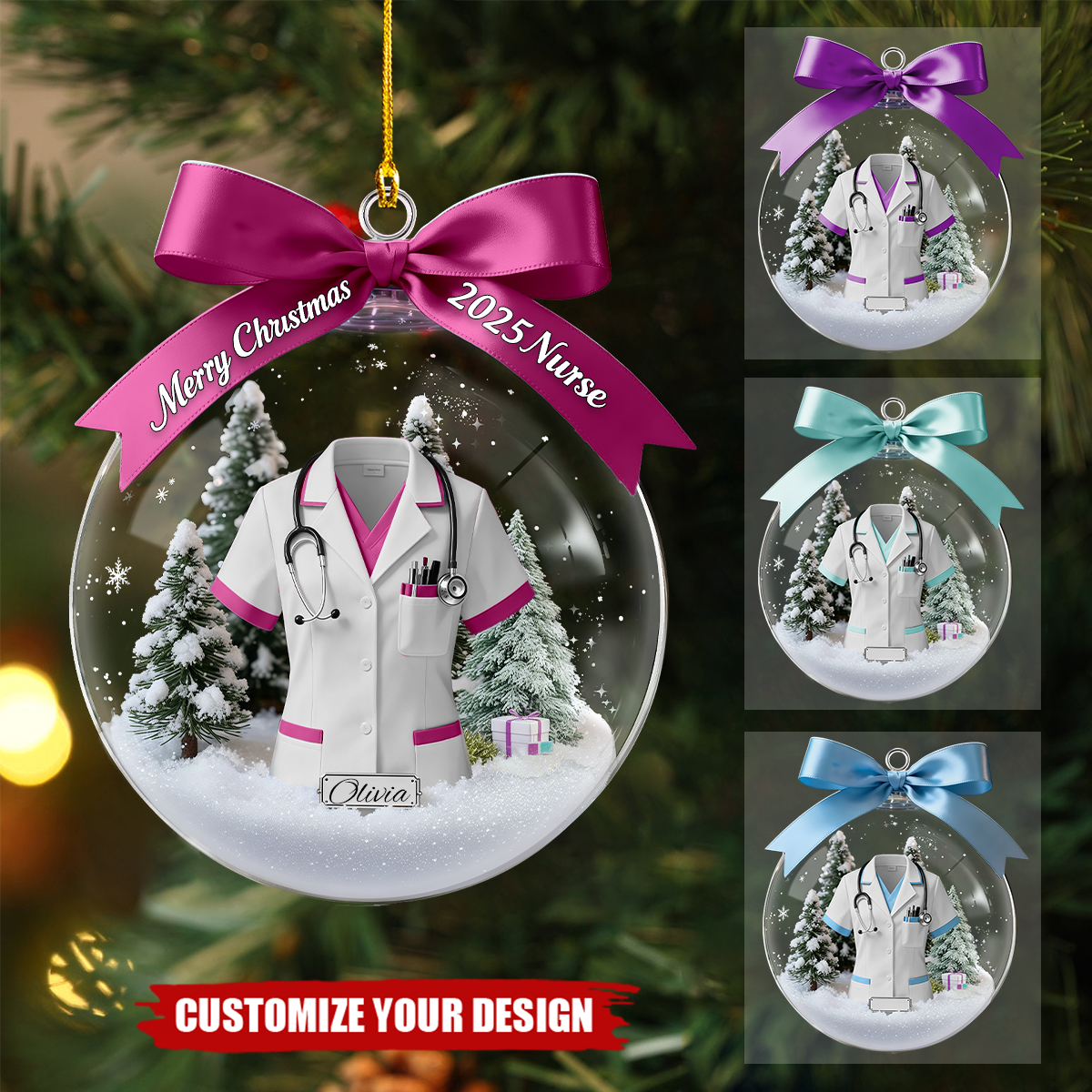 Custom Nurse Transparent,Medical Scrub Stethoscope Christmas Ornament