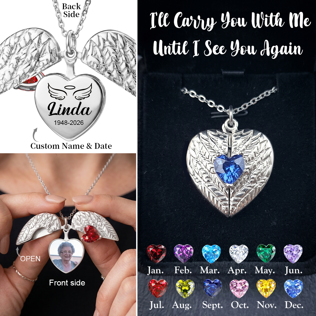 Always In My Heart, Custom Photo Angel Wing Birthstone Necklace