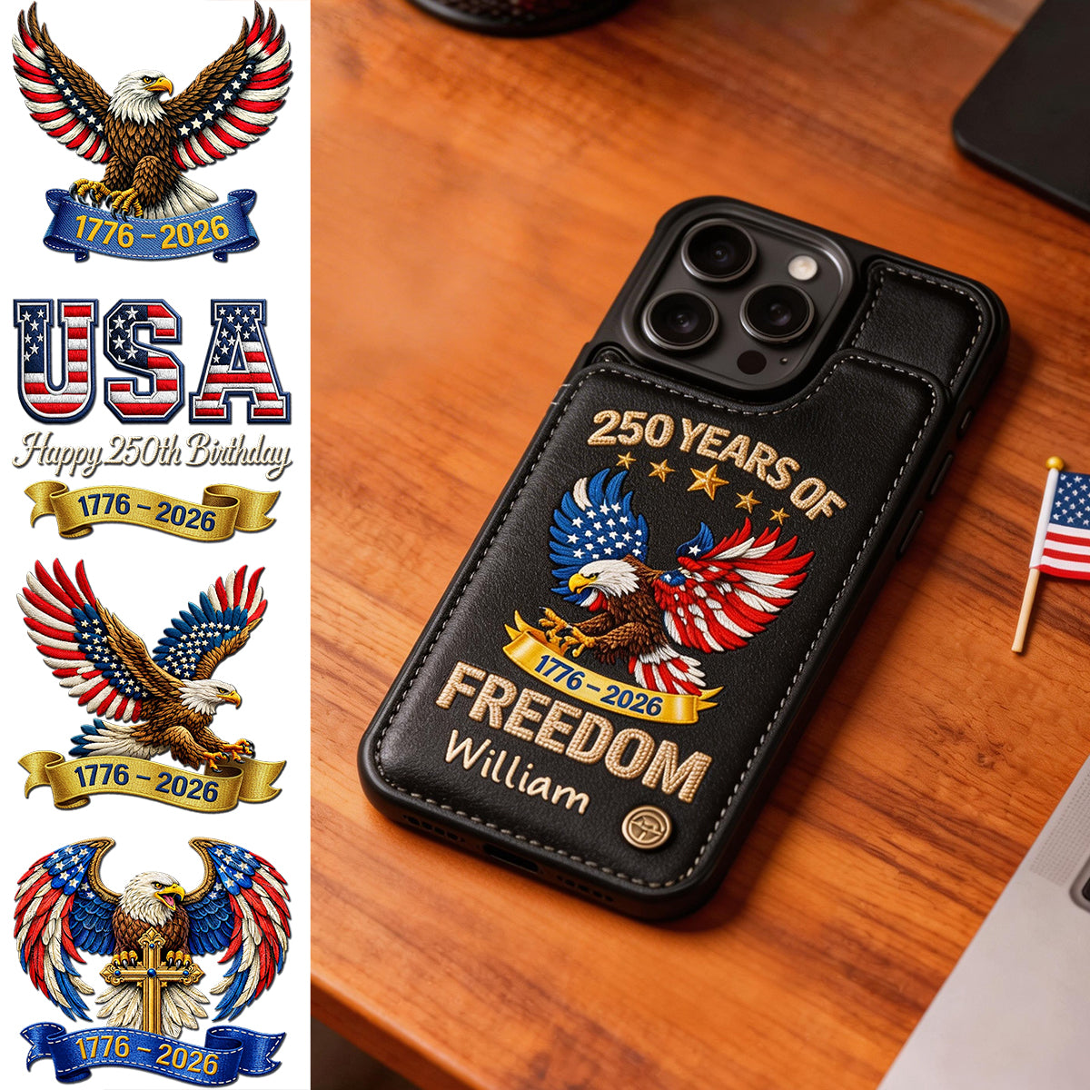 America 250 Years Of Freedom-Personalized Leather Flip Wallet Phone Case
