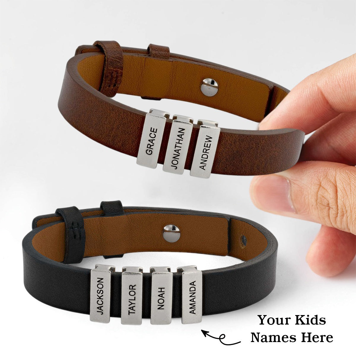 Personalized Men's Leather Bracelet With Custom Silver Beads