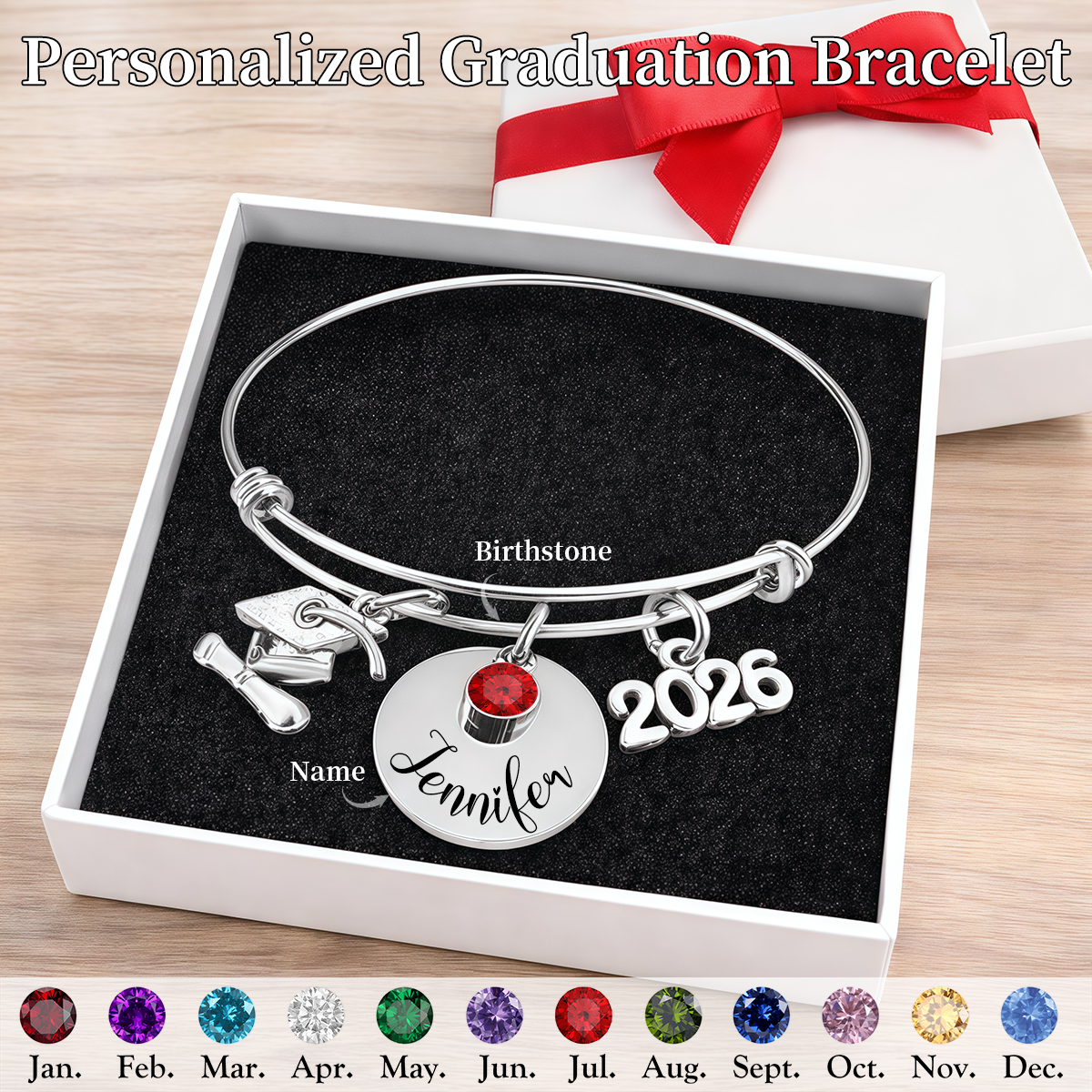 Personalized Graduation Bracelet with Birthstone and Year charm