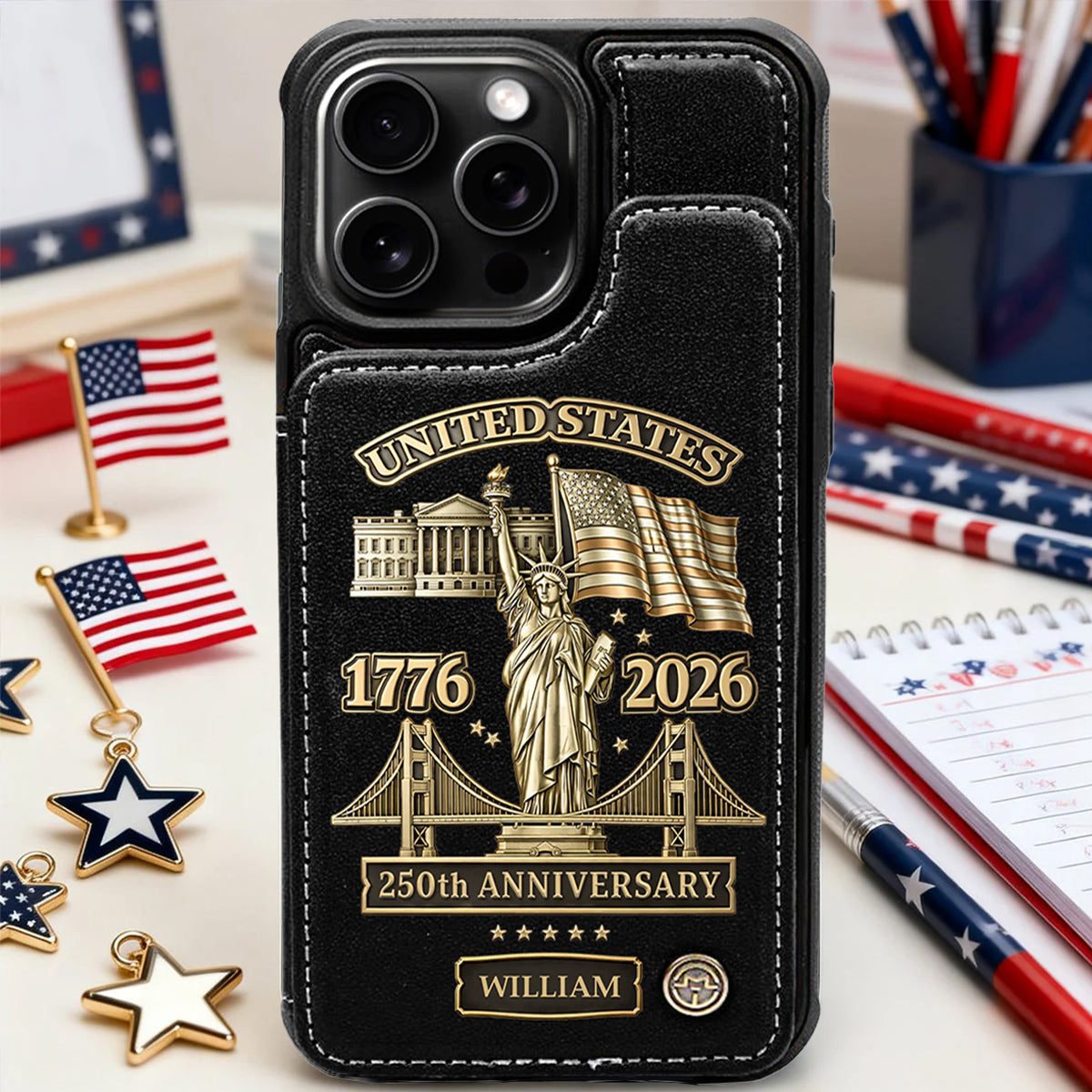 America 250 Anniversary - Personalized Leather Flip Wallet Phone Case