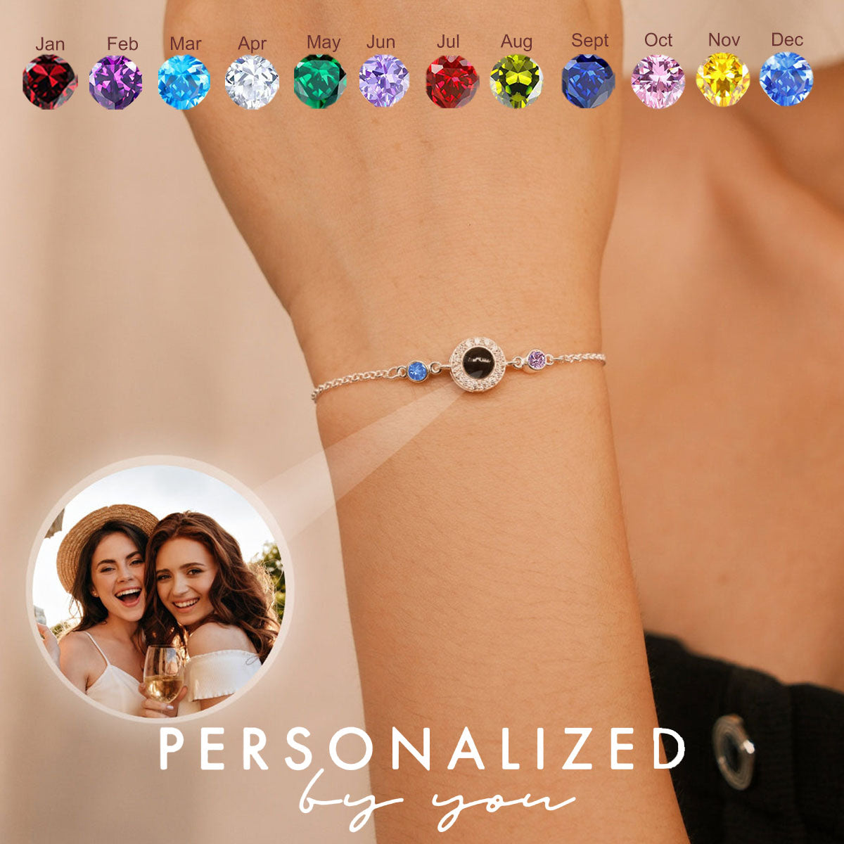 Customized Birthstone Photo Projection Bracelet, Gift for Your Loved One