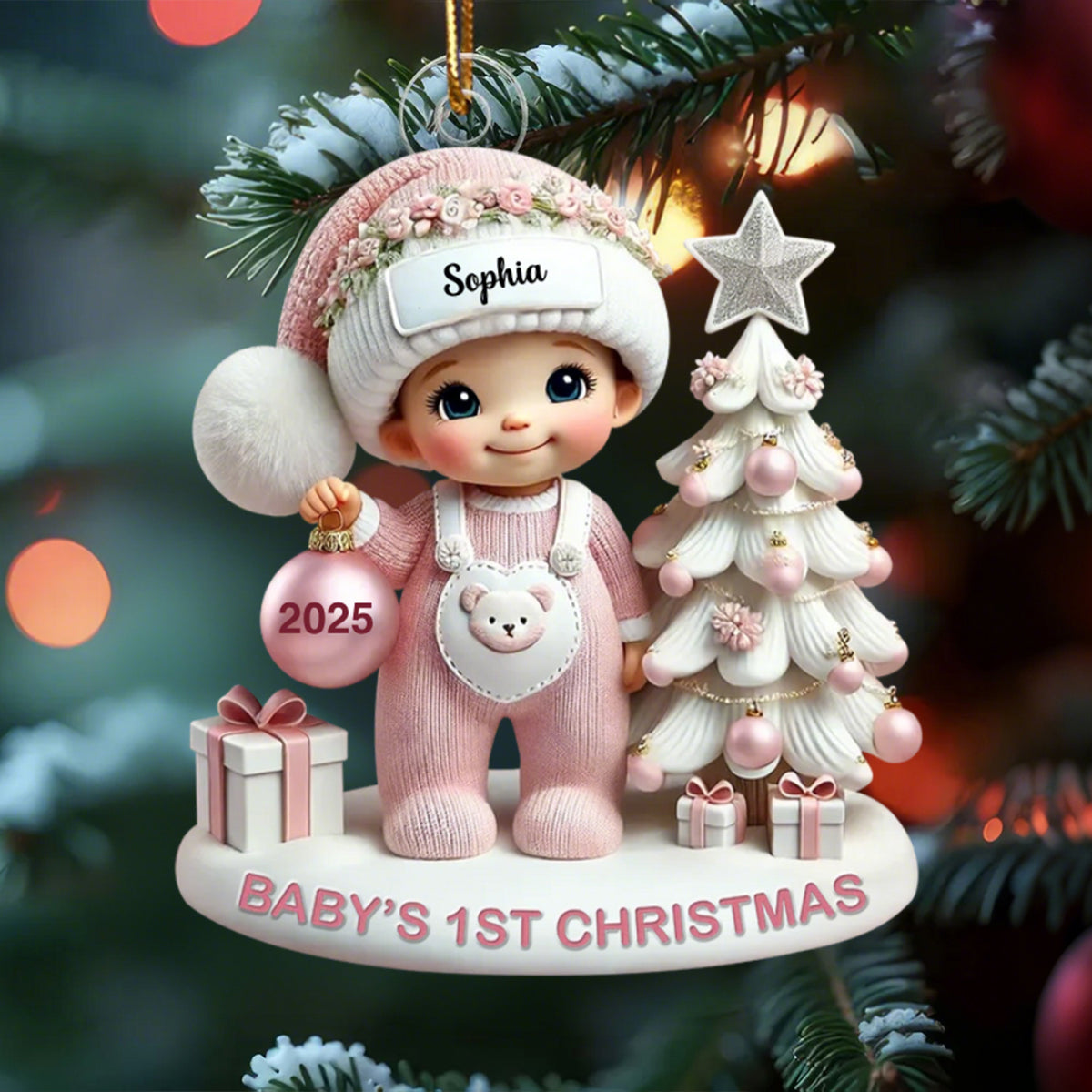 Cute Baby Standing Beside Christmas Tree 3D Effect Baby's First Christmas Personalized Ornament