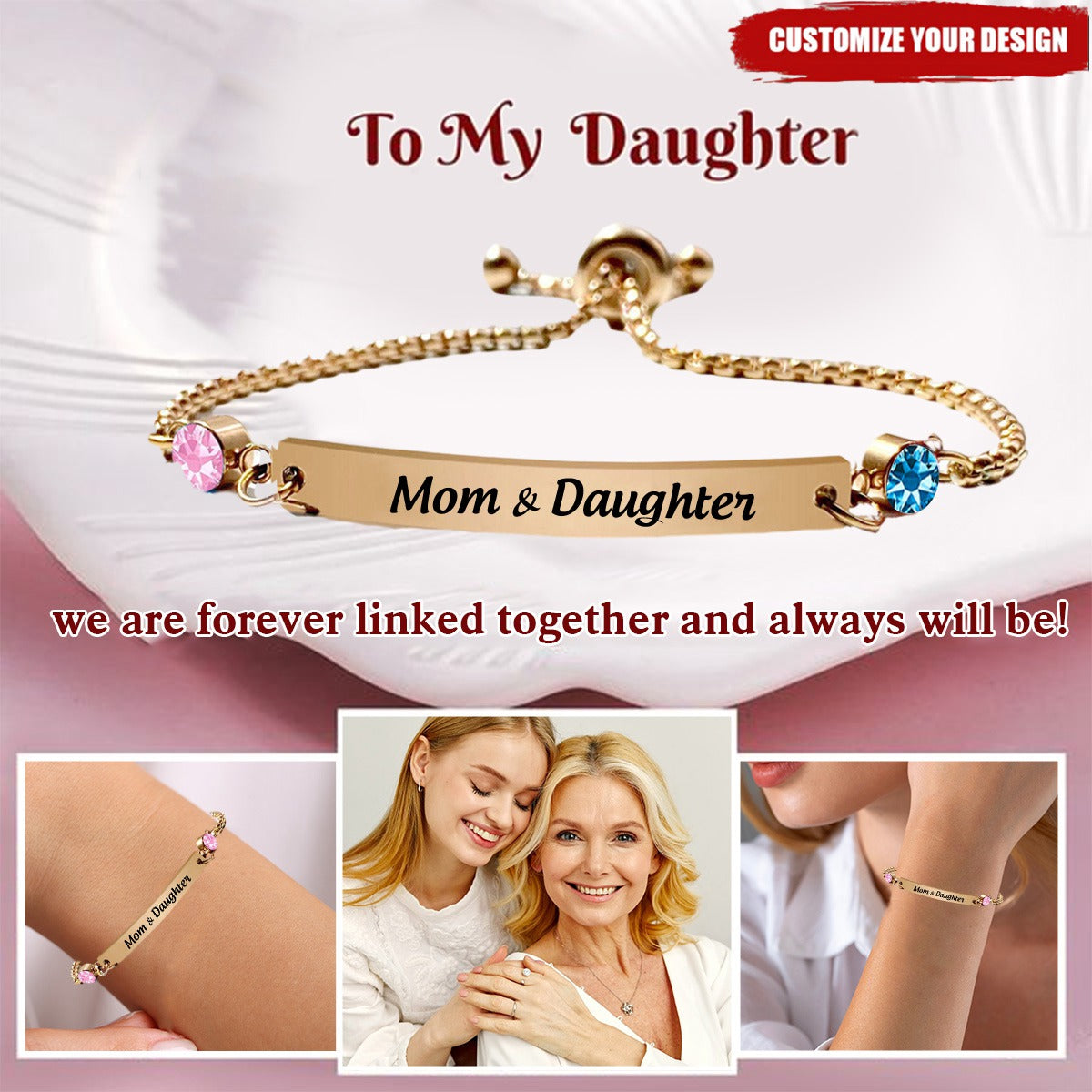 Personalized Mother & Daughter Forever Linked Together Custom Any Text Birthstones Bracelet
