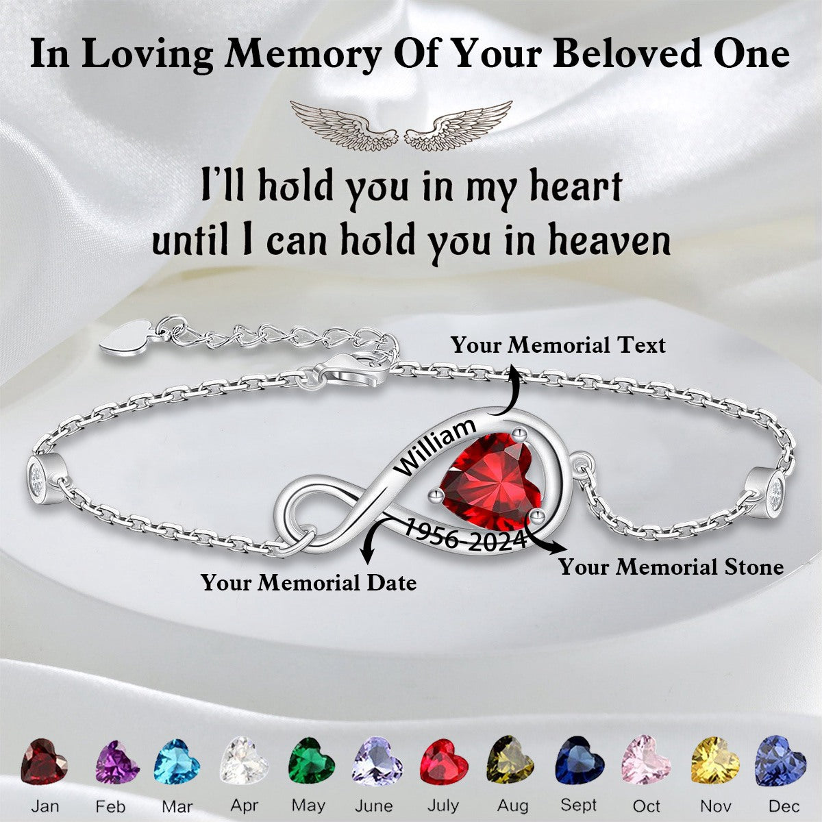 Personalized Name Heart Birthstone Memorial Bracelet
