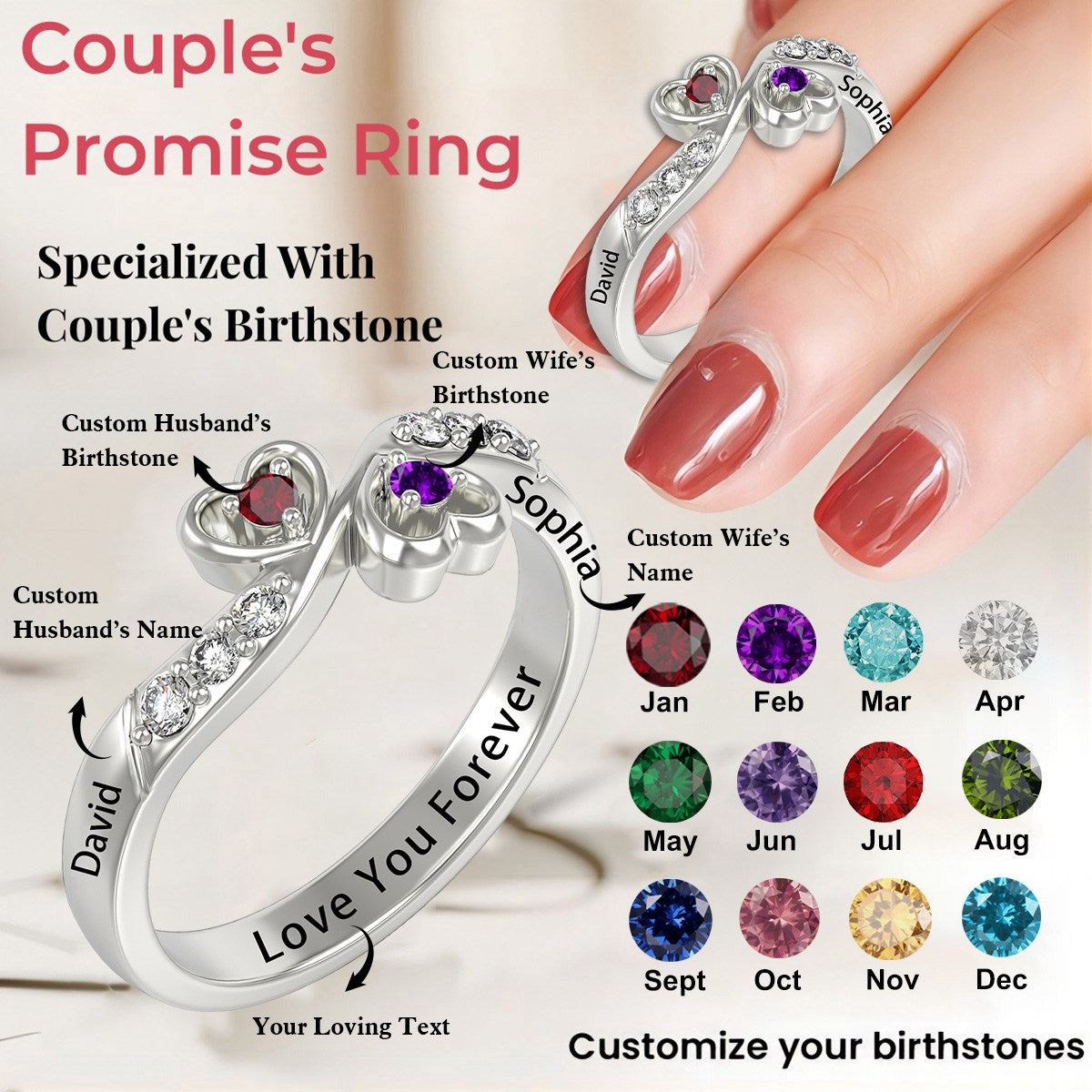 Personalized Couple Promise Heart Birthstones Ring