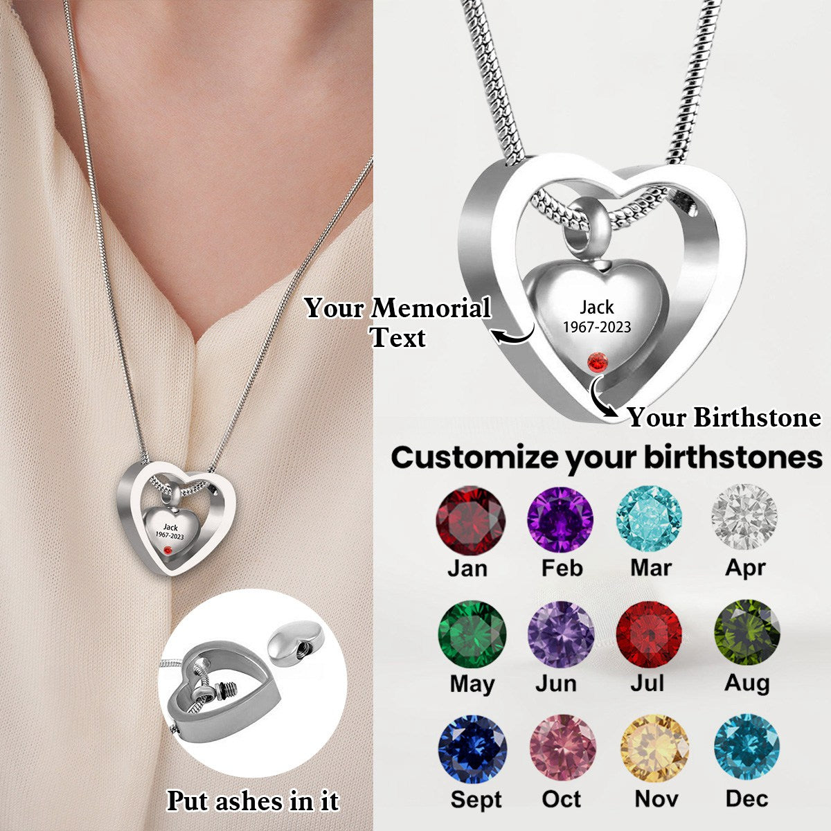 Personalized Memorial Heart Pendant Birthstone Urn Necklace - Gift For Christmas