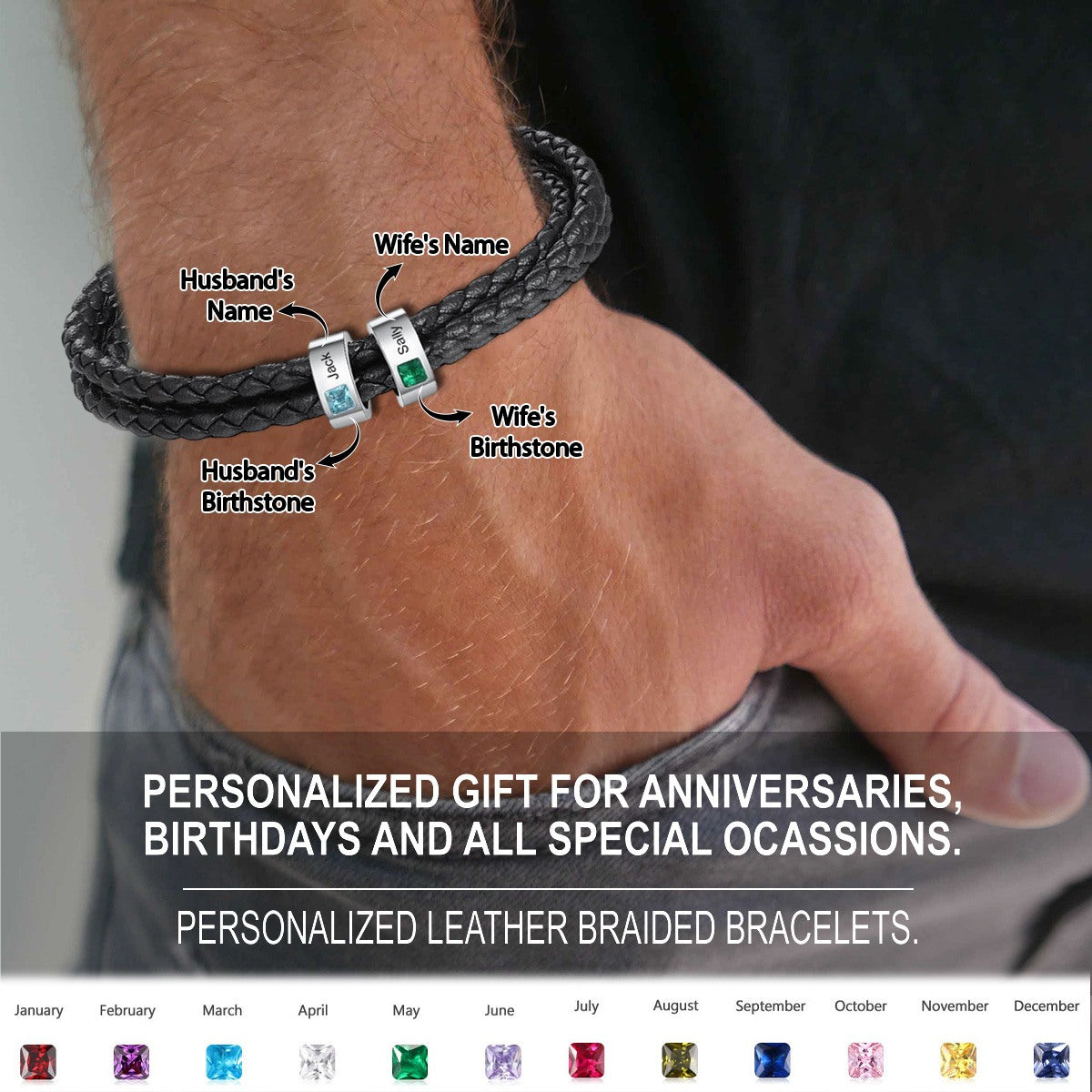 Personalized Double Birthstones Men Braided Leather Bracelet