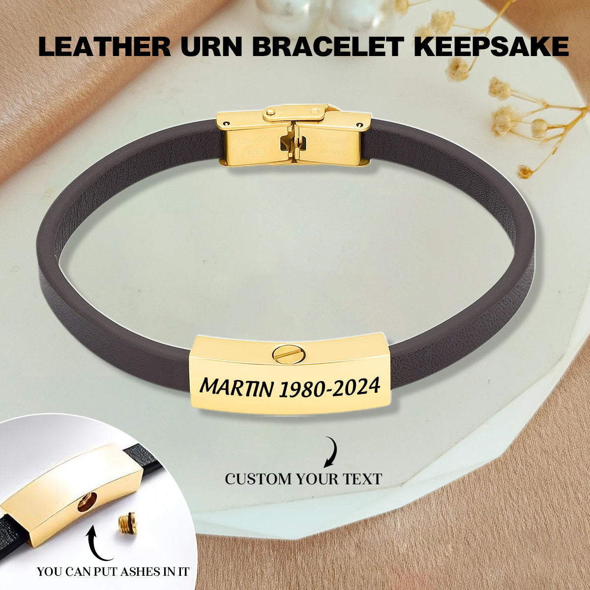 Personalized Customized Cremation Leather Urn Bracelet Keepsake