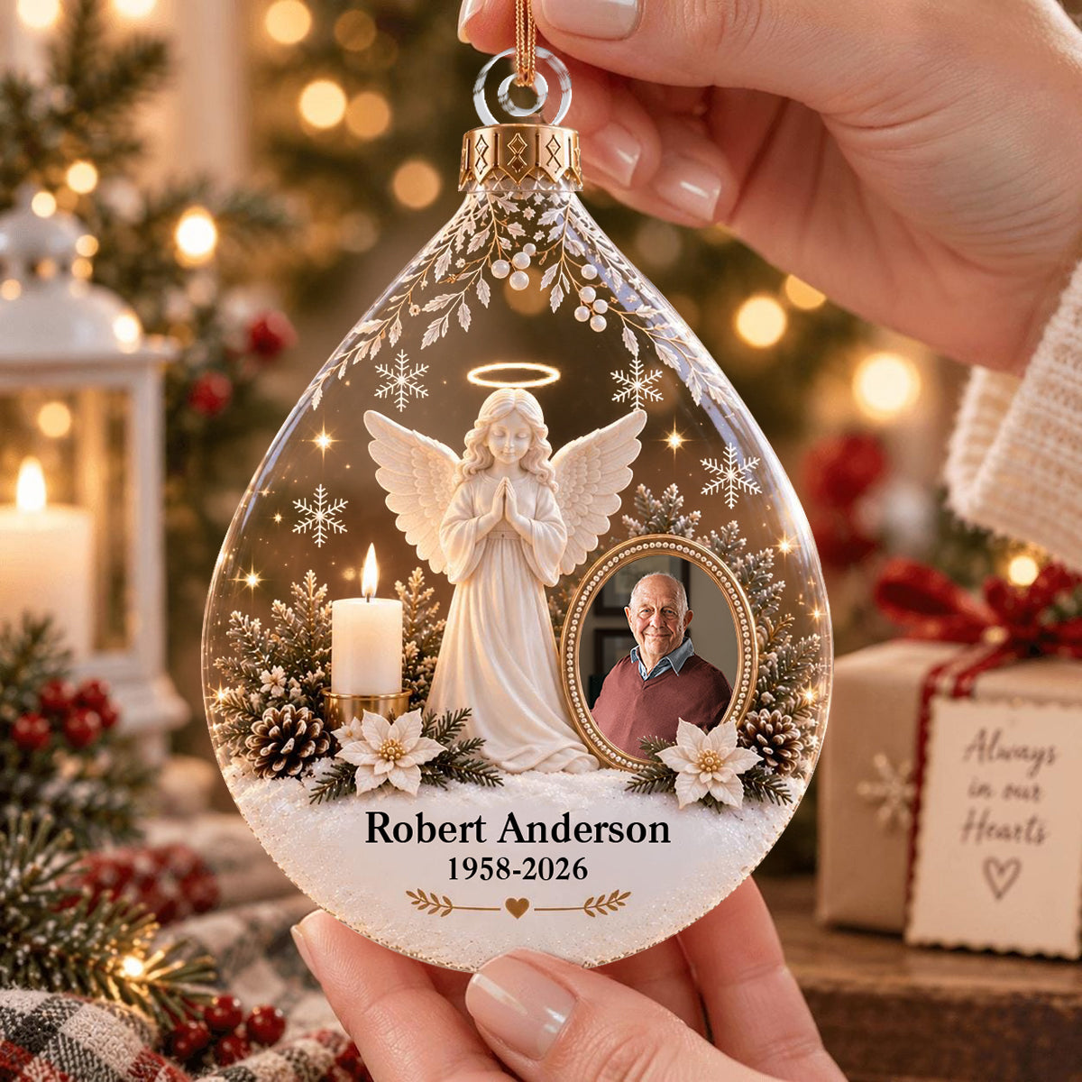 Personalized Memorial Angel Christmas Ornament, Custom Photo In Loving Memory Keepsake