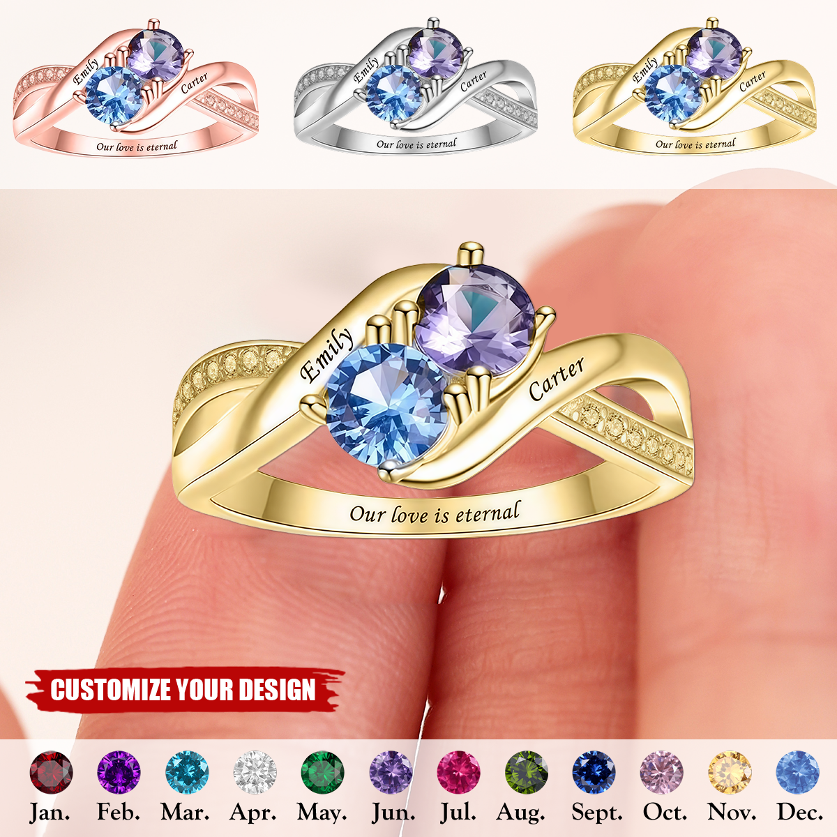 Personalized Engraved Infinity Two Birthstones Name Family Ring, Promise Ring