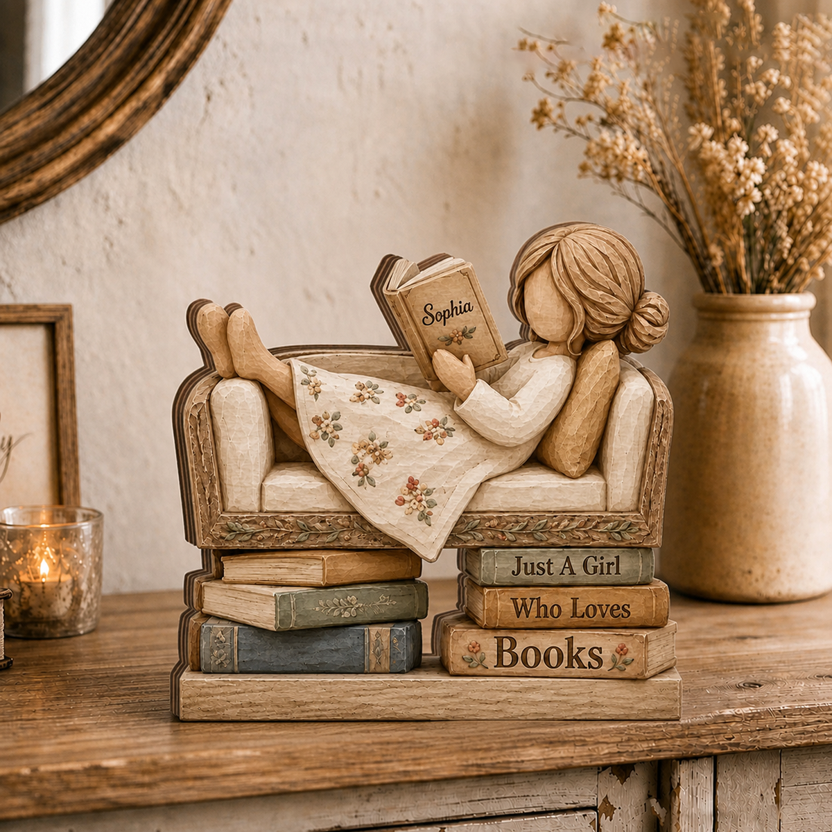 Personalized Reading Girl Shelf Block, Custom Name Wooden Plaque