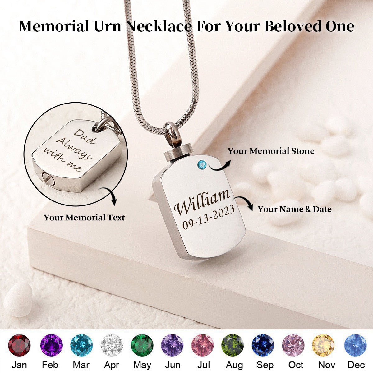 Personalized Birthstone Memorial Dog Tag Urn Necklace