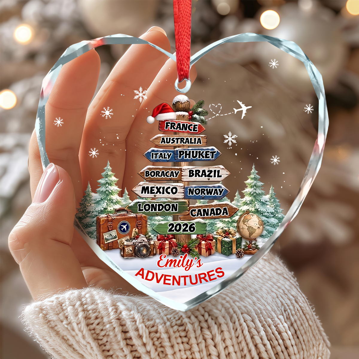 Personalized Travel Adventures Crystal Ornament- Christmas Gifts